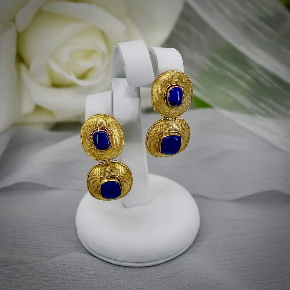 Vintage 925 Sterling Silver Gold Vermeil Lapis Lazuli Clip Earrings 1.5 Inch 12g